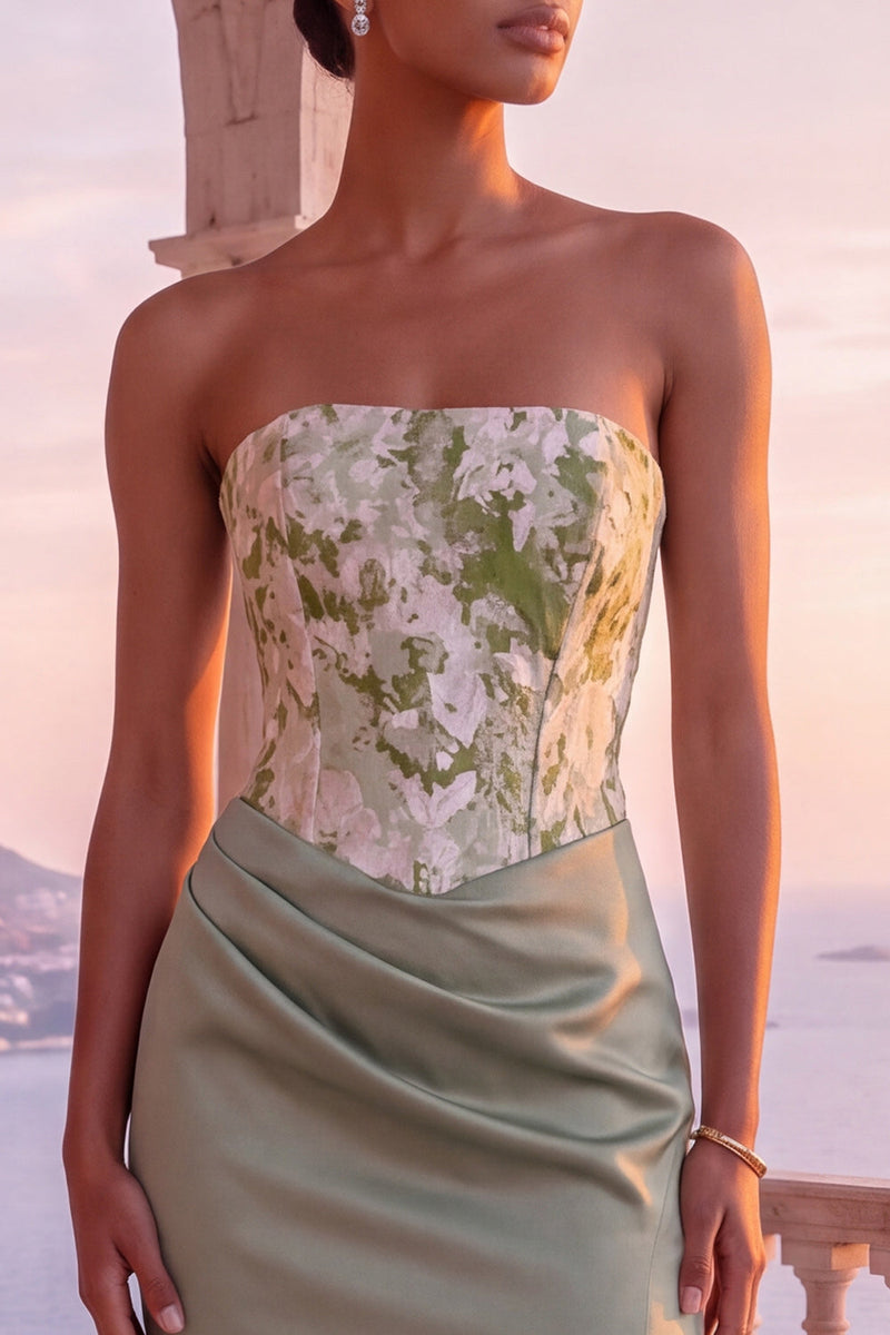 Load image into Gallery viewer, Sage Green Ruched Corset Strapless Floral Long Evening Dress with Slit