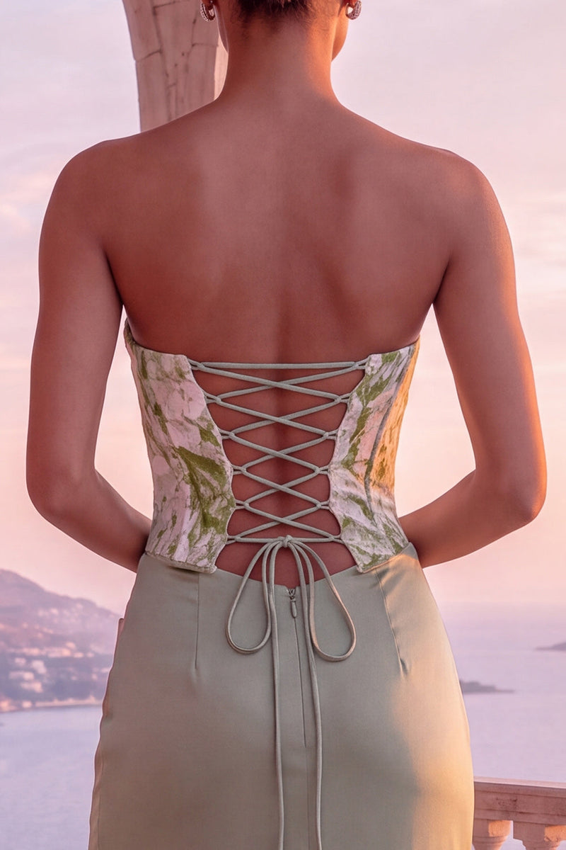 Load image into Gallery viewer, Sage Green Ruched Corset Strapless Floral Long Evening Dress with Slit