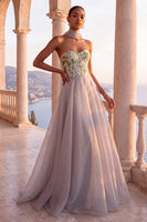 Load image into Gallery viewer, Light Grey Corset Floral Neck Scarf A-Line Long Evening Dress