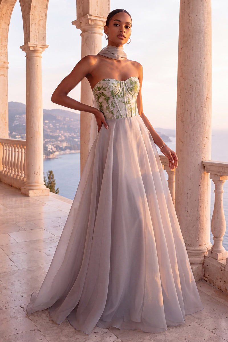 Load image into Gallery viewer, Light Grey Corset Floral Neck Scarf A-Line Long Evening Dress