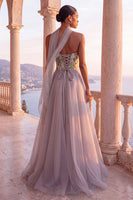 Load image into Gallery viewer, Light Grey Corset Floral Neck Scarf A-Line Long Evening Dress