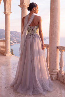 Light Grey Corset Floral Neck Scarf A-Line Long Evening Dress