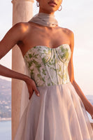 Load image into Gallery viewer, Light Grey Corset Floral Neck Scarf A-Line Long Evening Dress