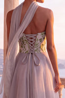 Load image into Gallery viewer, Light Grey Corset Floral Neck Scarf A-Line Long Evening Dress