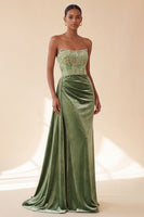 Load image into Gallery viewer, Floral Green Velvet Corset Ruched Strapless Long Evening Dress with Side Cape