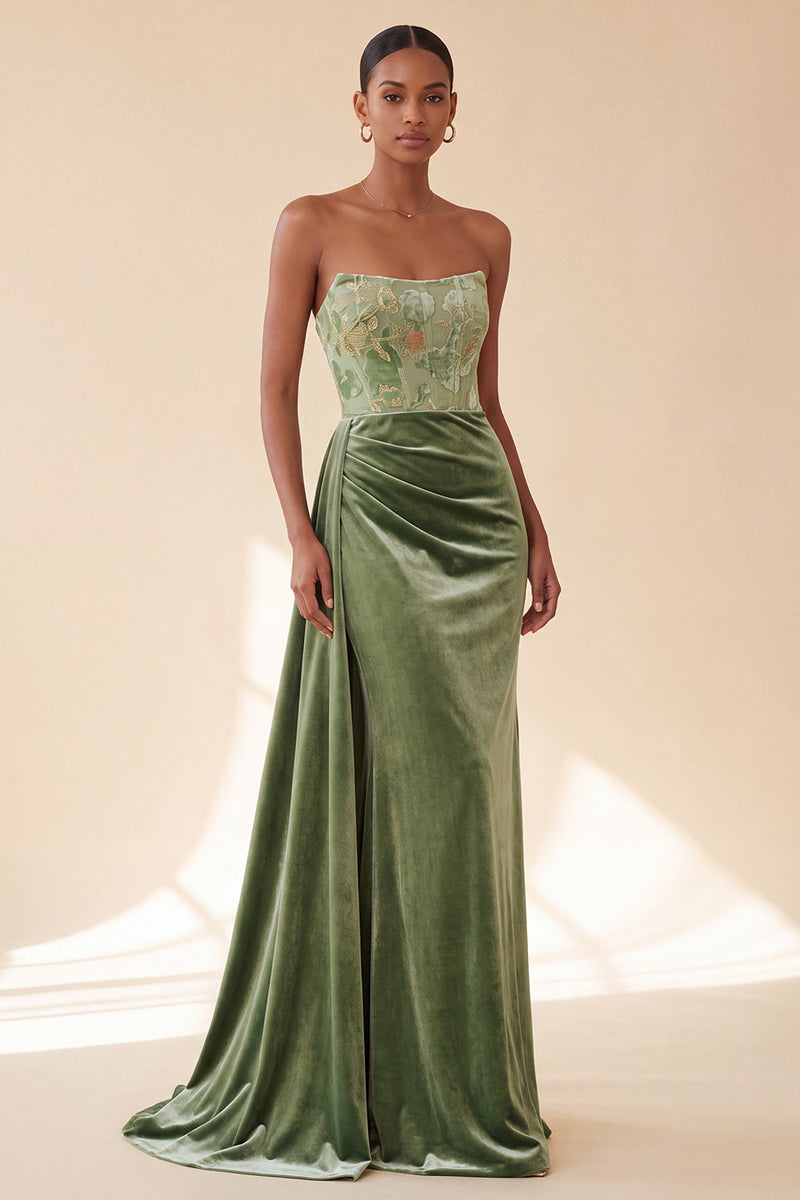 Load image into Gallery viewer, Floral Green Velvet Corset Ruched Strapless Long Evening Dress with Side Cape