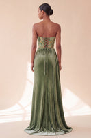 Load image into Gallery viewer, Floral Green Velvet Corset Ruched Strapless Long Evening Dress with Side Cape