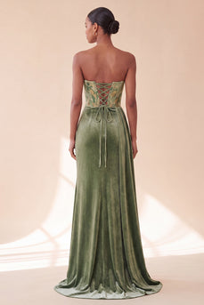 Floral Green Velvet Corset Ruched Strapless Long Evening Dress with Side Cape
