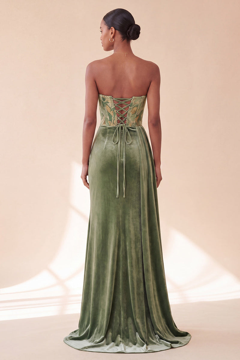 Load image into Gallery viewer, Floral Green Velvet Corset Ruched Strapless Long Evening Dress with Side Cape