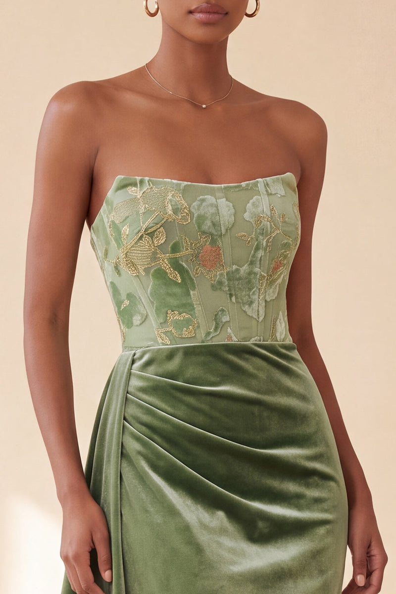 Load image into Gallery viewer, Floral Green Velvet Corset Ruched Strapless Long Evening Dress with Side Cape