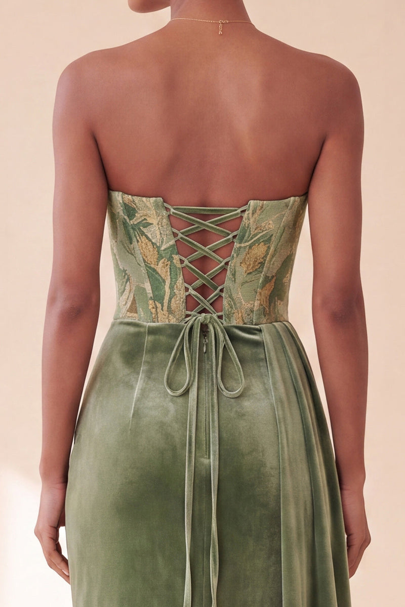 Load image into Gallery viewer, Floral Green Velvet Corset Ruched Strapless Long Evening Dress with Side Cape