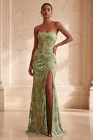 Load image into Gallery viewer, Green Floral Velvet Ruched Strapless Long Mermaid Evening Dress with Slit