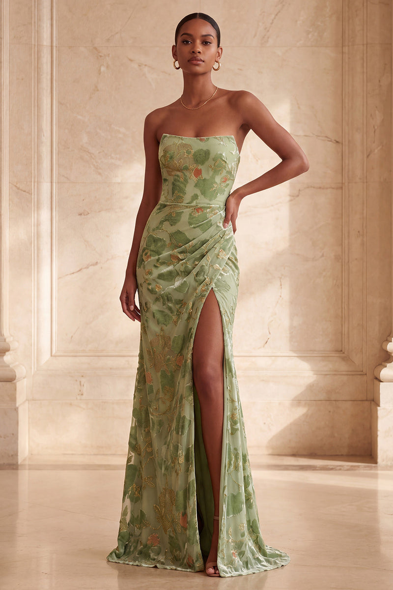 Load image into Gallery viewer, Green Floral Velvet Ruched Strapless Long Mermaid Evening Dress with Slit