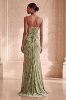 Load image into Gallery viewer, Green Floral Velvet Ruched Strapless Long Mermaid Evening Dress with Slit