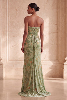 Green Floral Velvet Ruched Strapless Long Mermaid Evening Dress with Slit