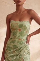 Load image into Gallery viewer, Green Floral Velvet Ruched Strapless Long Mermaid Evening Dress with Slit