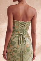 Load image into Gallery viewer, Green Floral Velvet Ruched Strapless Long Mermaid Evening Dress with Slit