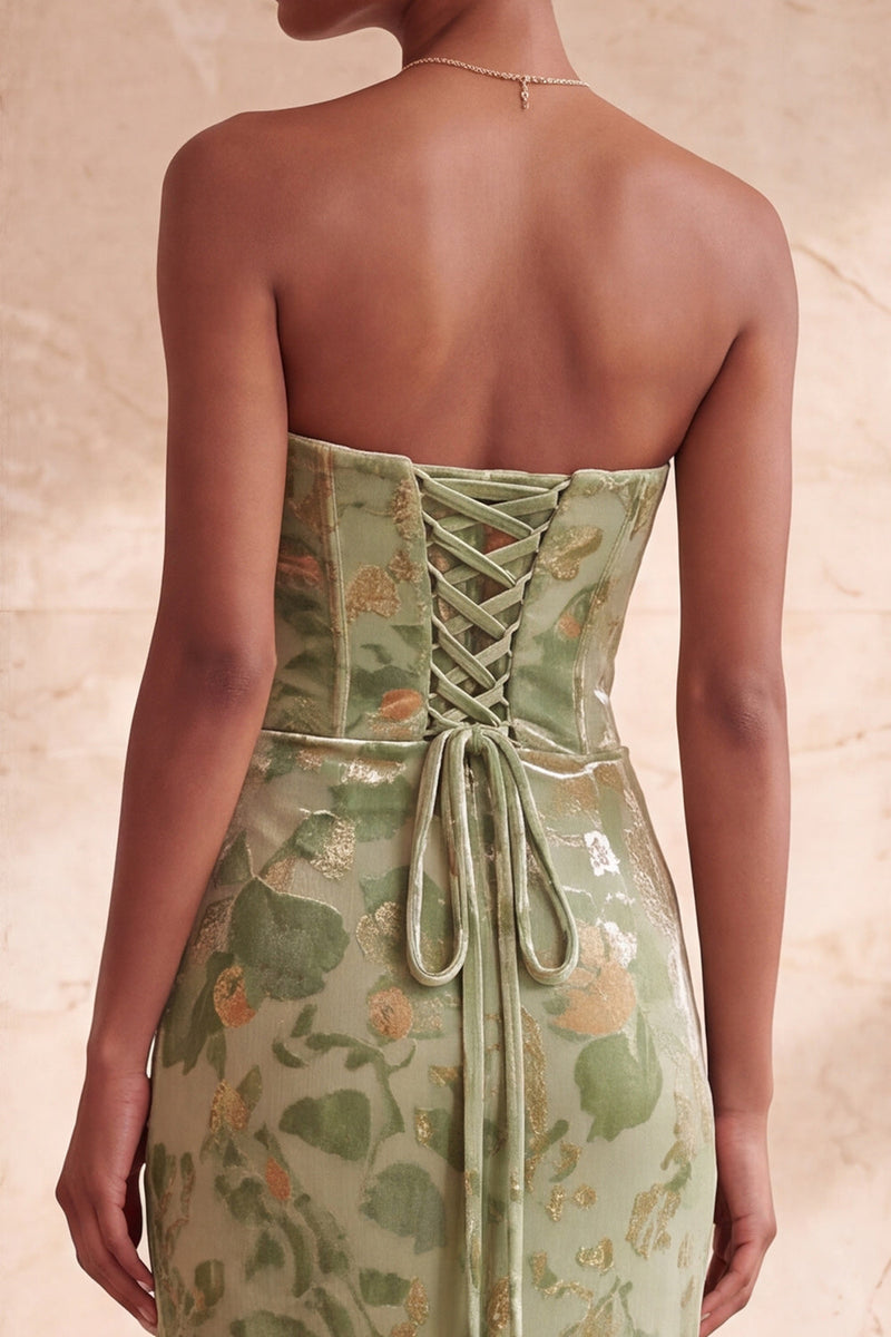 Load image into Gallery viewer, Green Floral Velvet Ruched Strapless Long Mermaid Evening Dress with Slit