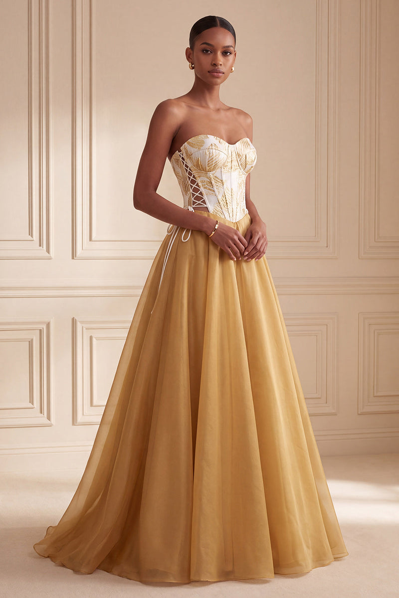Load image into Gallery viewer, Corset Ginger Yellow Floral Sweetheart A-Line Long Evening  Dress