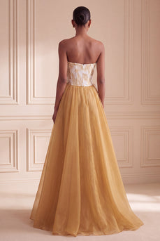 Corset Ginger Yellow Floral Sweetheart A-Line Long Evening  Dress