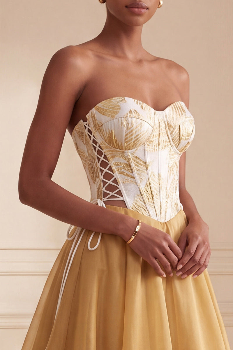 Load image into Gallery viewer, Corset Ginger Yellow Floral Sweetheart A-Line Long Evening  Dress