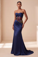 Load image into Gallery viewer, Corset Navy Floral Sweetheart Draped Mermaid Satin Long Evening Dress
