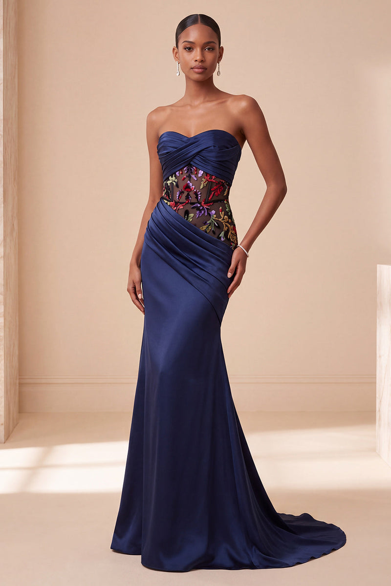 Load image into Gallery viewer, Corset Navy Floral Sweetheart Draped Mermaid Satin Long Evening Dress