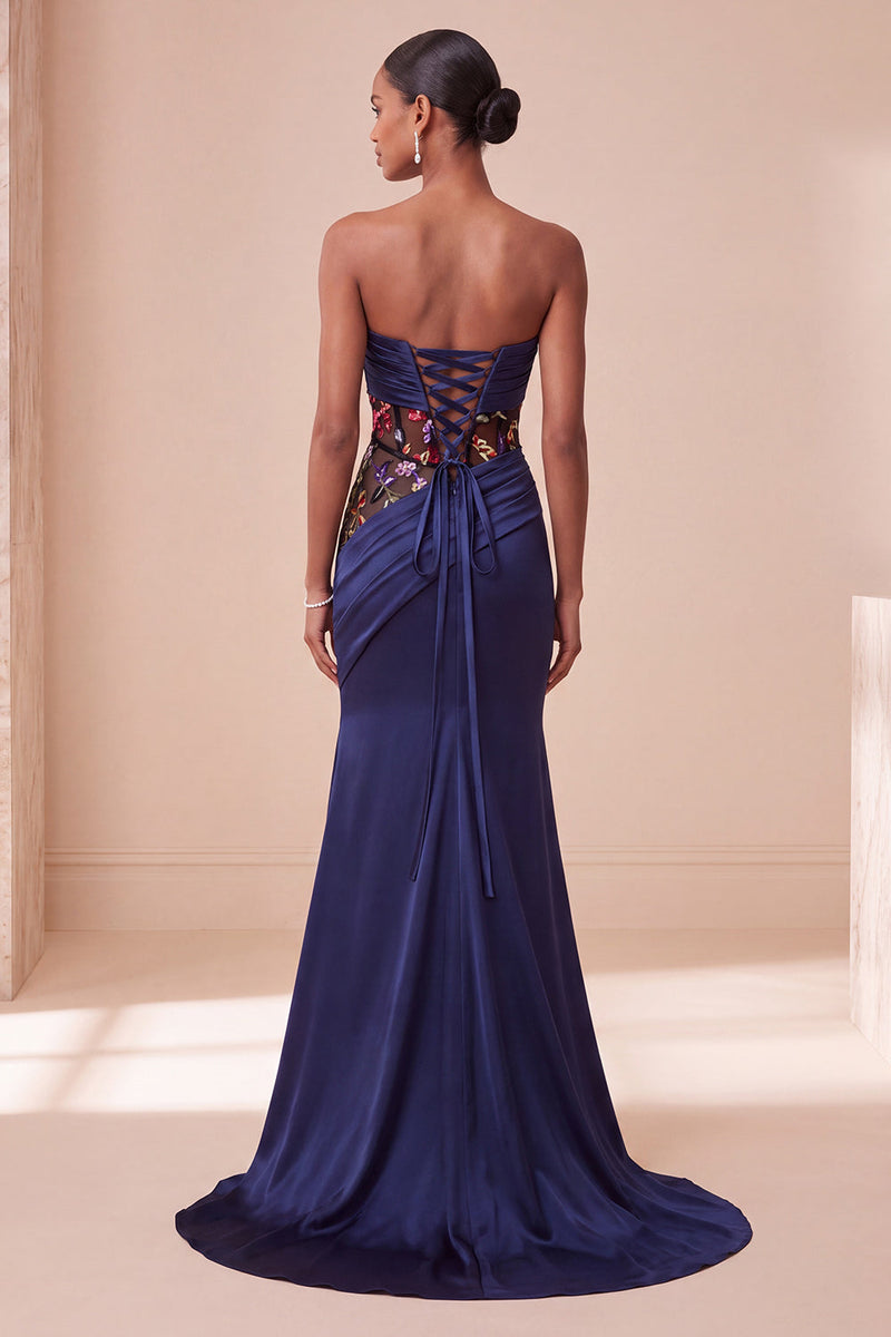 Load image into Gallery viewer, Corset Navy Floral Sweetheart Draped Mermaid Satin Long Evening Dress