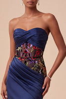 Load image into Gallery viewer, Corset Navy Floral Sweetheart Draped Mermaid Satin Long Evening Dress