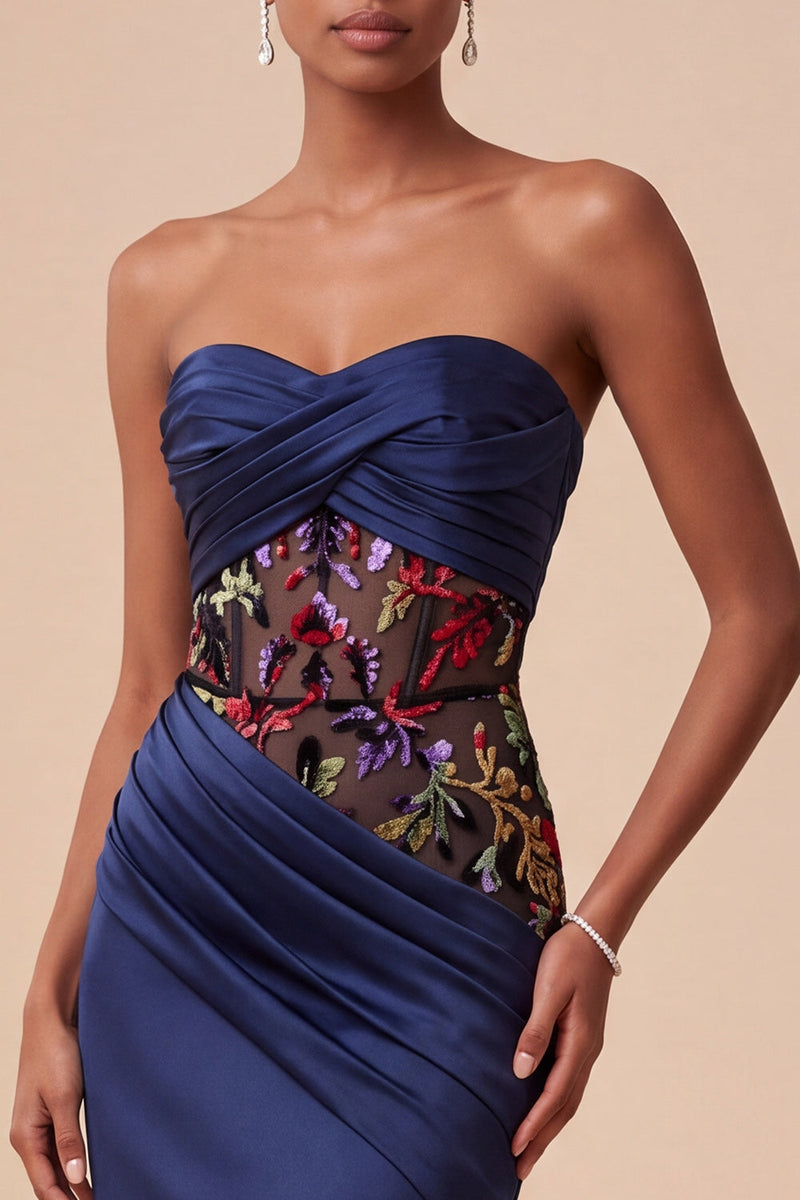 Load image into Gallery viewer, Corset Navy Floral Sweetheart Draped Mermaid Satin Long Evening Dress