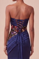 Load image into Gallery viewer, Corset Navy Floral Sweetheart Draped Mermaid Satin Long Evening Dress