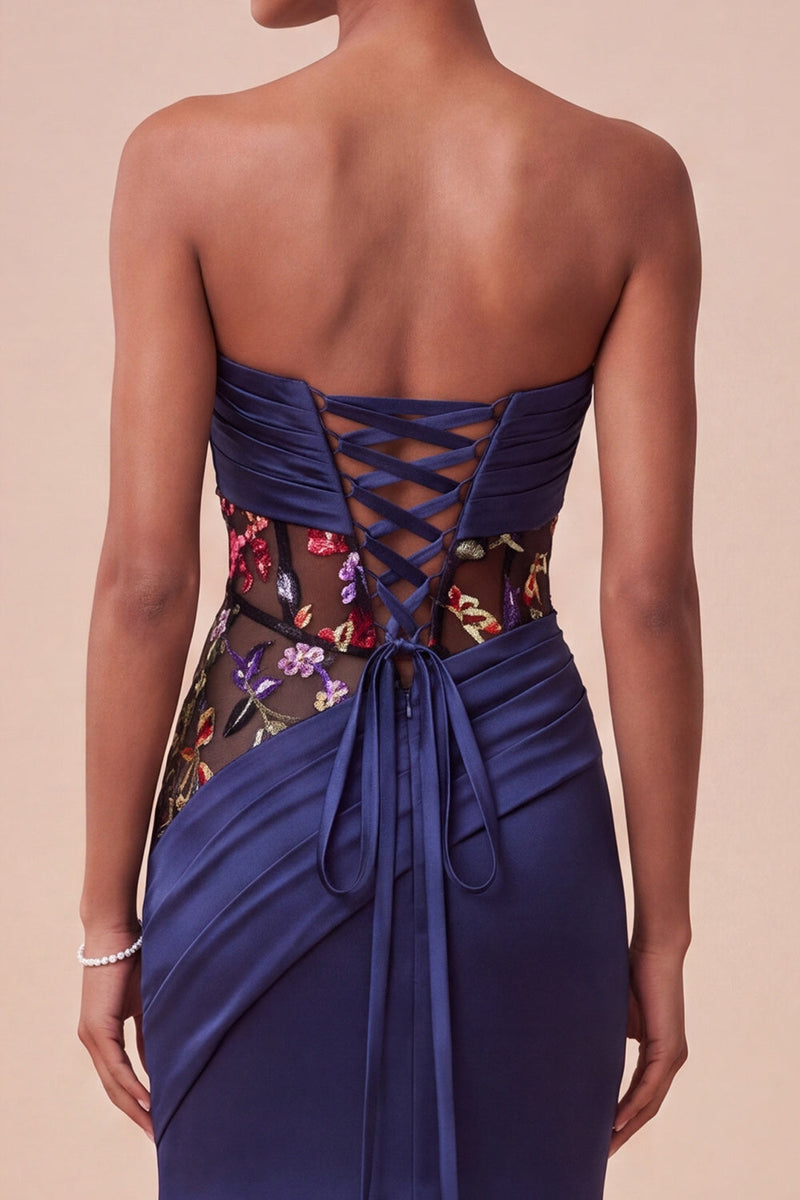 Load image into Gallery viewer, Corset Navy Floral Sweetheart Draped Mermaid Satin Long Evening Dress