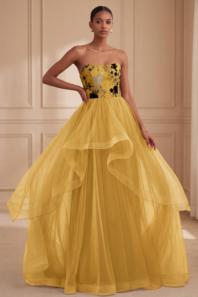 Load image into Gallery viewer, Floral Ginger Yellow Strapless Tiered Ball Gown Long Evening Dress