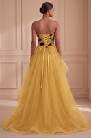 Load image into Gallery viewer, Floral Ginger Yellow Strapless Tiered Ball Gown Long Evening Dress