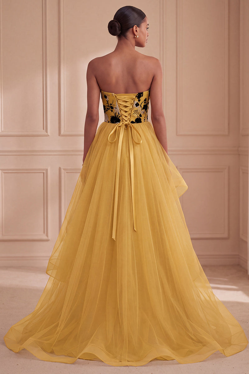 Load image into Gallery viewer, Floral Ginger Yellow Strapless Tiered Ball Gown Long Evening Dress
