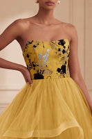 Load image into Gallery viewer, Floral Ginger Yellow Strapless Tiered Ball Gown Long Evening Dress