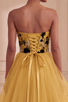 Load image into Gallery viewer, Floral Ginger Yellow Strapless Tiered Ball Gown Long Evening Dress