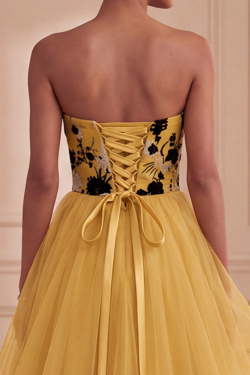 Load image into Gallery viewer, Floral Ginger Yellow Strapless Tiered Ball Gown Long Evening Dress