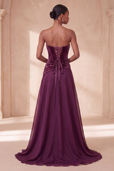 Velvet Vintage Mauve A Line Corset Ruched Long Evening Dress with Keyhole
