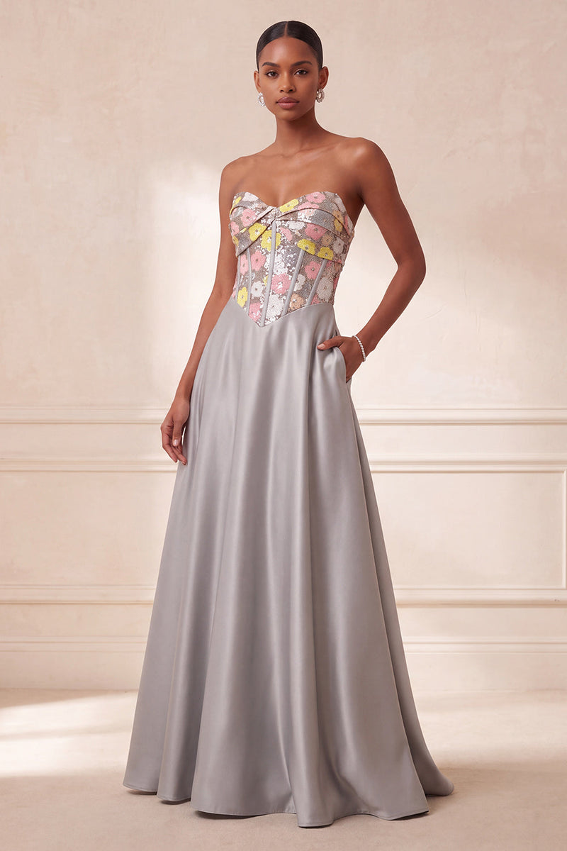 Load image into Gallery viewer, Sparkly Corset Grey Floral Satin A-Line Sequin Long Evening Dress with Pockets