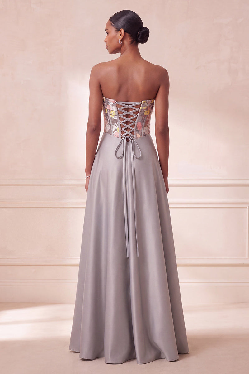 Load image into Gallery viewer, Sparkly Corset Grey Floral Satin A-Line Sequin Long Evening Dress with Pockets