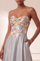 Load image into Gallery viewer, Sparkly Corset Grey Floral Satin A-Line Sequin Long Evening Dress with Pockets