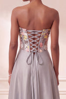 Load image into Gallery viewer, Sparkly Corset Grey Floral Satin A-Line Sequin Long Evening Dress with Pockets