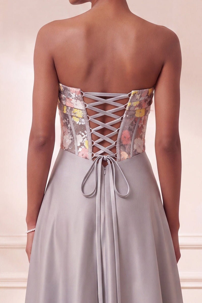 Load image into Gallery viewer, Sparkly Corset Grey Floral Satin A-Line Sequin Long Evening Dress with Pockets