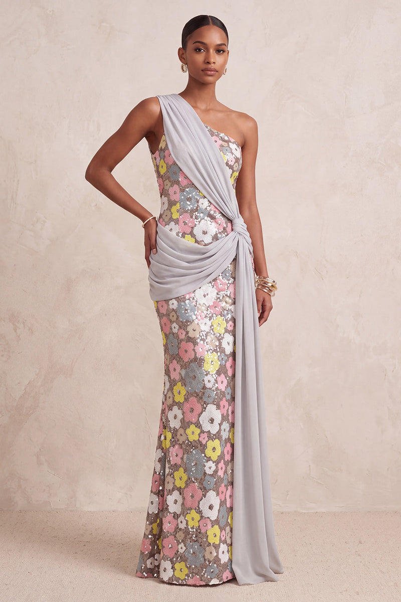 Load image into Gallery viewer, Sparkly Light Pink Sheath Floral Sequin Long Evening Dress with Sash