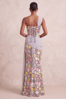 Load image into Gallery viewer, Sparkly Light Pink Sheath Floral Sequin Long Evening Dress with Sash