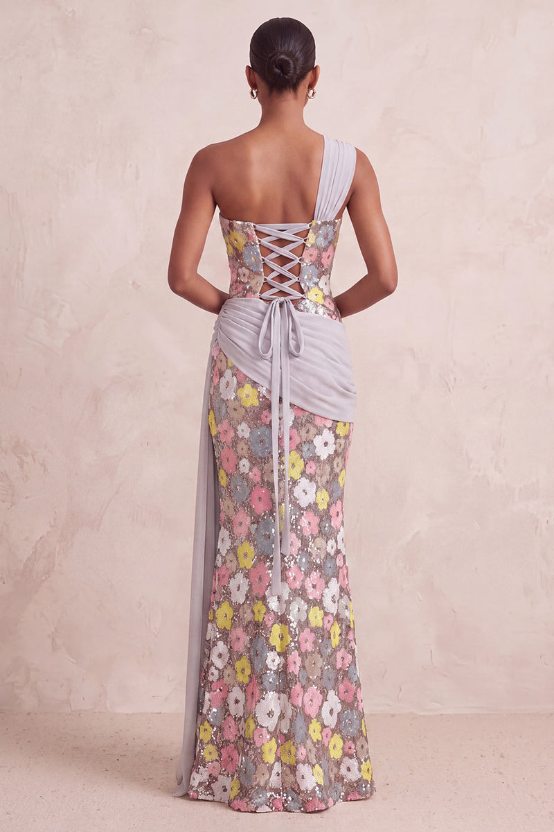 Load image into Gallery viewer, Sparkly Light Pink Sheath Floral Sequin Long Evening Dress with Sash