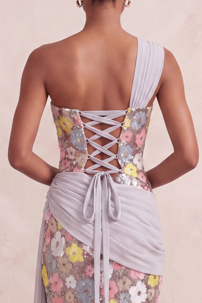 Load image into Gallery viewer, Sparkly Light Pink Sheath Floral Sequin Long Evening Dress with Sash