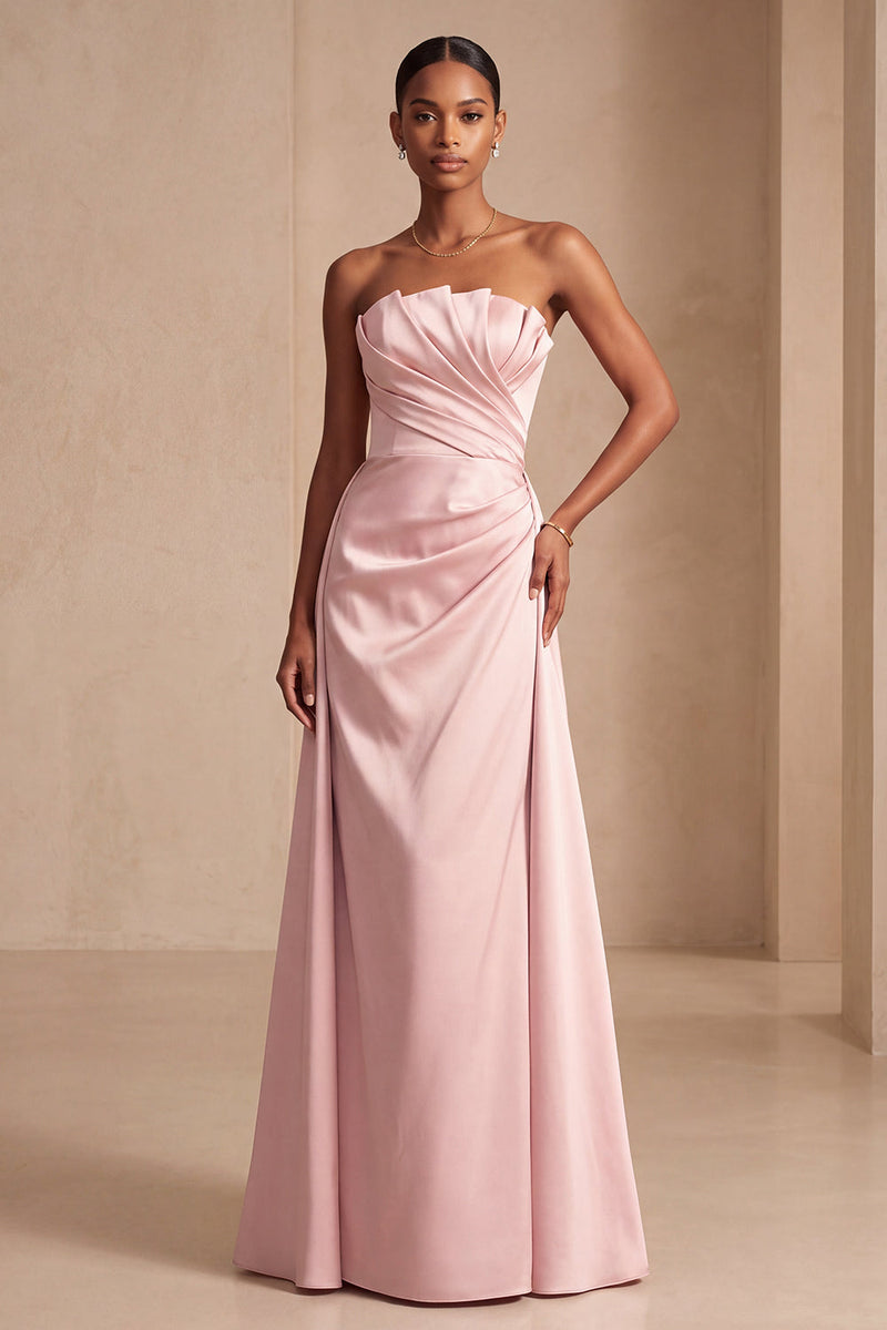 Load image into Gallery viewer, Pink Strapless Sheath Ruched Satin Long Evening Dress with Cape