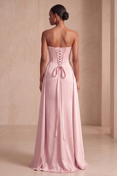 Pink Strapless Sheath Ruched Satin Long Evening Dress with Cape
